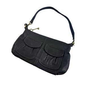 Fossil Soft Leather Shoulder Bag Navy Blue Zip Flap Pockets Lock And Key Charms